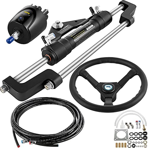 VEVOR Kit de Direction Hydraulique pour Bateau 300 HP, Cylindre de Direction Hors-bord, Pompe à Barre avec Volant et Tuyau de Direction Hydraulique de 7,3 m, pour Système de Direction des Bateaux