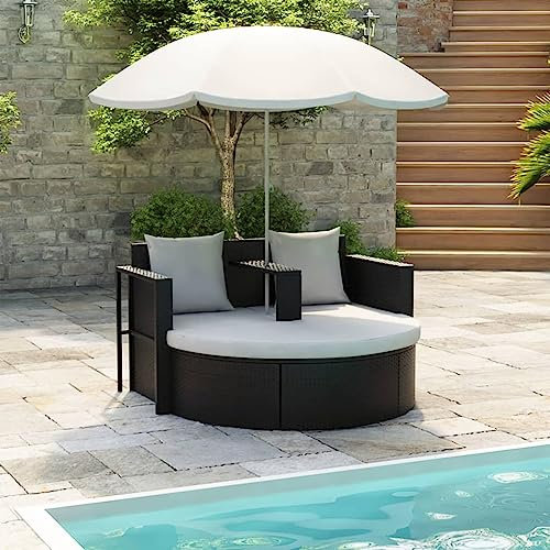 Rantry Gartenbett mit Sonnenschirm Sonneninsel mit Sonnenschirm Sonnenliege Gartenbank Sessel Gartensessel Gartensofa Gartenliege Möbel Liege für Terrasse Garten Braun Poly Rattan #1
