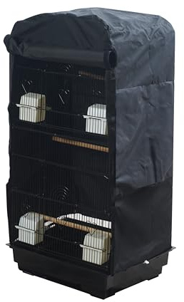 Pet's Solution - Gabbia Uccellini Accessoriata con Tetto Apribile, Mangiatoie, Posatoi, Trespolo Esterno, Altalena, Vassoio Estraibile e Varie Aperture - Nera, 47x36x102h cm (Con Copertura)