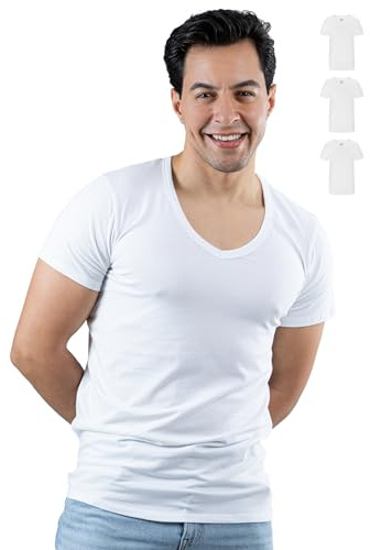 SKIPPER Lot de 3 T-Shirts Homme Col V Profond Blanc – Coton Stretch Premium, Coupe Ajustée – Invisible sous Chemise – L