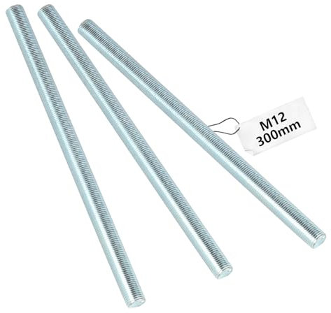 3 Pezzi Barra Filettata M12 x 300 mm, Asta Filettata M12 in Acciaio Zincato, Barra Filettata con Filettatura Standard M12, Perni Filettati Metrico Perno Filettato con Classe di Resistenza 4.8