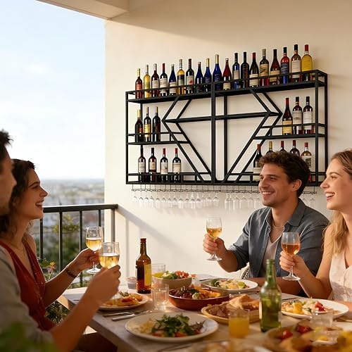 SPTZQURY Weinregal zur Wandmontage mit Wein Glashalter, 3 Lagiger Großes Industriell Schwebende Wandmontage Weinflaschenhalter, Bar Multifunktionaler Weinpareite Display Rack (Schwarz, 3 Tier,160cm)