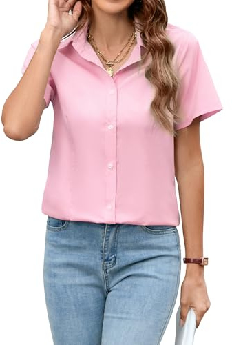 Stamain Womens Short Sleeve Blouse Office Pink Dress Shirts for Women Fitted Formal Work Wear Shirt for Women S
