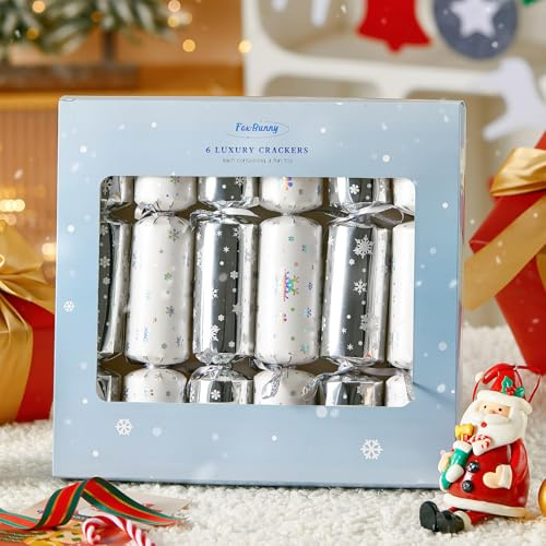 Fox·Bunny 6Pcs Christmas Crackers, Crackers with Party Hats Jokes and Gifts Fidget Toys Wind Up Toys (Silver & White)