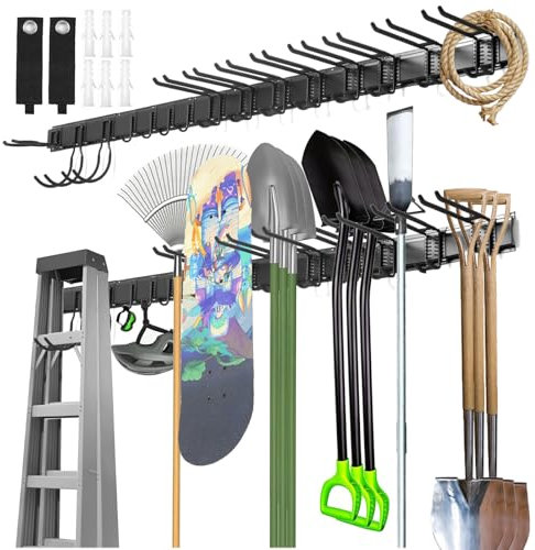 Cioquli Gerätehalter Wandhalterung, 200cm Gartengerätehalter Metall mit 5 Schienen, Besenhalterung Wand mit 15 Verstellbaren Metallhaken, Tool Organizer Wandhalterung für Besen, Schaufel, Gartengeräte
