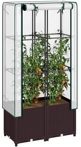 Outsunny Raised Garden Bed with Trellis, Plastic Planter Box with PE Cover, Drainage Holes, Drain Plugs and Water Reservoirs for Climbing Plants, Vegetables, Flowers, 80 x 40 x 140 cm