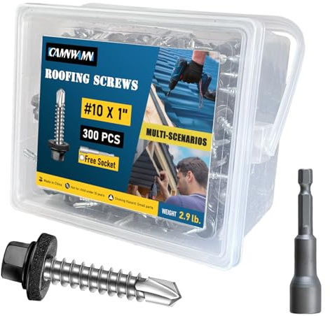300Pcs #10 x 1 Inch Metal Roofing Screws, Black Hex Head Drill Point Sheet Metal Roof Screw with Rubber Washer, EPDM Washer, with Hex Drive Bit.