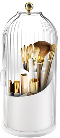 Makeup Brush Holder with Lid 360 Rotating Makeup Brush Organizer, Dustproof Waterproof Material & with 3 Compartments for Organized Storage, Dressing Tables Clear Storage Skincare Cosmetic (White)