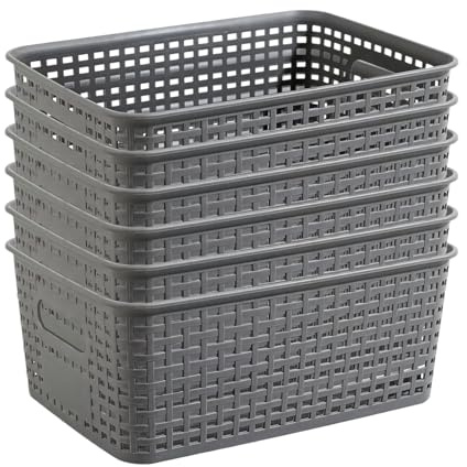 6-Pack Plastic Woven Storage Baskets – Durable & Flexible, Multi-Purpose Organizer for Kitchen, Closet, Cabinet, Shelves (Dark Gray, Small Weave Design)