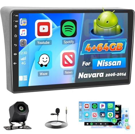 Roinvou 4+64G Android 15 Bilradio för Nissan Navara 2006-2014 CarPlay Android Auto, 9-tums IPS-pekskärm WI-FI GPS Bluetooth 32EQ FM/RDS SWC Bakre kamera