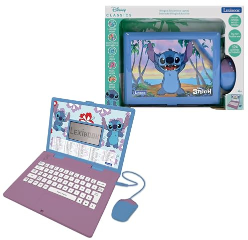 LEXIBOOK, Disney Stitch, zweisprachiger Lerncomputer Englisch/Spanisch, 124 Sprachen, Schreiben, Mathematik, Logik, Musik und Spiele, für Jungen und Mädchen, JC598Di2LXB