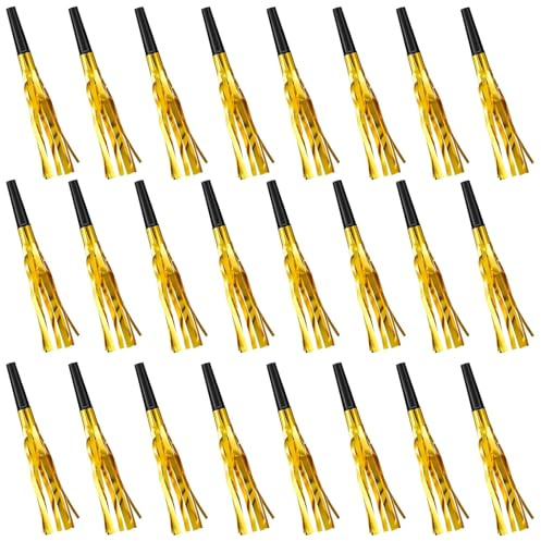 24 Pcs 2026 New Year Party Blowers, Gold Glitter Fringed Noise Makers Whistles, Reusable Plastic Horn Blowouts, Festive Party Bag Fillers Favors for New Year Christmas Birthday Celebration Decorations