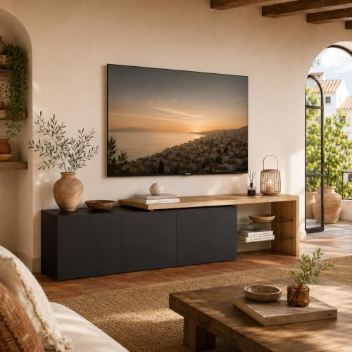 MGMYM TV-Schrank Lowboard 200 cm mit Beleuchtung, Modernes TV-Board, Fernsehtisch, Fernsehschrank mit 2 Glasböden und 3 Türen, Wohnzimmermöbel, Hochglanz Schwarz und Natur Holzmaserung,200x39x42cm
