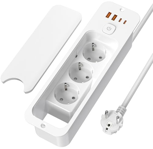 Prise escamotable avec USB, 3 prises encastrées avec housse anti-poussière, prise encastrée avec 2 USB C, multiprise encastrée avec câble de 1,8 m pour plan de travail, meubles, blanc