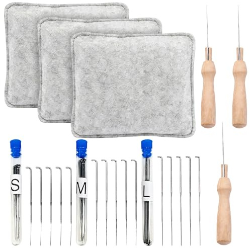 21 Pezzi Kit Punteruolo per Bambini Punteruolo e Tappetino 3 misure Aghi per Feltro Set Ago per Infeltrimento Misure Ago di Lana con Manici Set di Aghi con Manico in Legno per Principianti Fai da te