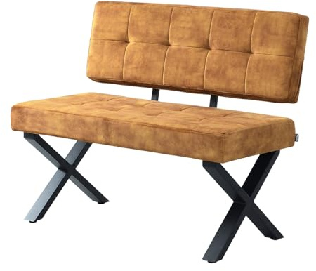 B&D home® Sitzbank Karen 100cm – gepolsterte Esszimmerbank mit Rückenlehne, X-Metallgestell schwarz, Webstoff/Microfaser in Gelb, modern Industrial Design für Esszimmer, Küche & Flur