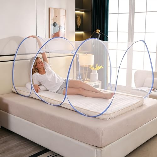 SKIKHN Mosquitera Plegable, Mosquitera Viaje 190x90x90cm, Mosquiteras Pop Up con Cremallera, Mosquiteras para Viaje, Mosquiteras Portatil para Ropa de Cama, Camping, Viajes, Familia (Azul)