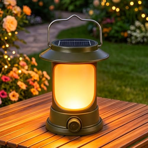 LIAISIMI Retro LED Campinglampe, Solar & USB-C Wiederaufladbar Tragbares Campinglicht, Stufenlos Dimmbar mit Haken, 3 Lichtmodi, IPX4 Wasserdicht, Zeltlampe für Camping, Wandern, Notfälle