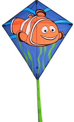 HQ 100102 - Eddy Clownfish, Kinderdrachen Einleiner, ab 5 Jahren, 68x68cm und 200cm Drachenschwanz, inkl. 17kp Polyesterschnur 40m auf Spule, 2-5 Beaufort
