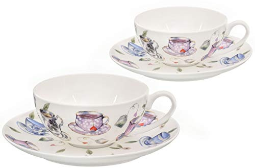 Buchensee Teetassen Set aus Fine Bone China Porzellan. 2 Teetassen je 150ml und 2 Unterteller mit stilvollem Tassendekor.