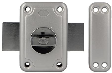 Amig - Cerradura de Sobreponer con Palanca de Cierre y Muletilla Interior para Puertas de Madera Mod. 80-96 x 66 mm - Pestillo Con Cilindro Redondo de Seguridad - Acero Esmaltado Plata