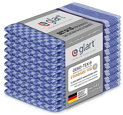 Glart 48GR Geschirrtücher Baumwolle 10er-Set – 45×90 cm Grubentücher Küchentücher, vorgewaschen, saugstark, fusselfrei & waschbar – Küchenhandtücher zum Trocknen, Polieren – Designed in Germany