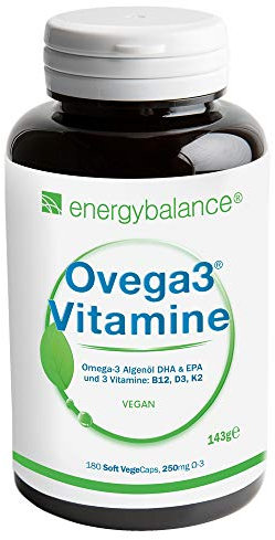 Ovega3® Omega 3 Algenöl Kapseln - DHA & EPA 250mg – Omega 3 mit Vitamin D3, K2, B12– Vegan - Glutenfrei, GVO frei - OHNE Gelatine – Nahrungsäquivalent – Bioverfügbar - 180 VegeCaps