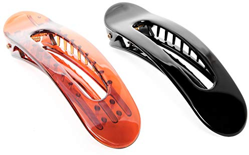 RC ROCHE ORNAMENT Lot de 2 pinces à cheveux pour femmes, à glissière latérale ovale plate en plastique, Accessoire de beauté pour filles et dames, noir et brun (moyens)