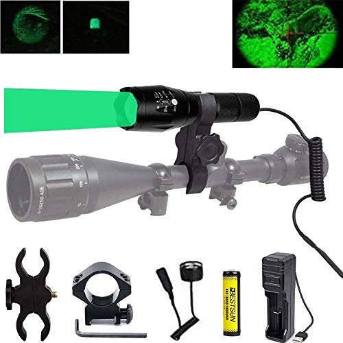 Linterna de Caza Verde de 350 Yardas,Luz de Depredador Verde con Zoom Linterna Táctica LED Antorchas Caza Coyote Varmint con RIel de Interruptor de Presión y Soportes de Alcance,Batería y Cargador