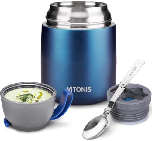 VITONIS Thermobehälter für Essen 500ml Edelstahl Isolierbehälter Gefäß für warme Speißen, Essen, Suppe, Isolierbehälter mit Löffel Thermo Gefäß, Blau