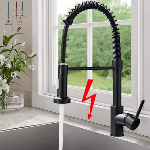 Onyzpily Rubinetto a bassa pressione da cucina, rubinetto da cucina estraibile: doccetta con due funzioni di spruzzo, miscelatore per lavello, funzione girevole a 360° – nero in acciaio inox