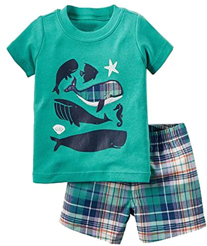 Funnymore Toddler Boy Summer Clothes,Short Sleeve T-Shirt and Short Outfit Set Green Fish 4t