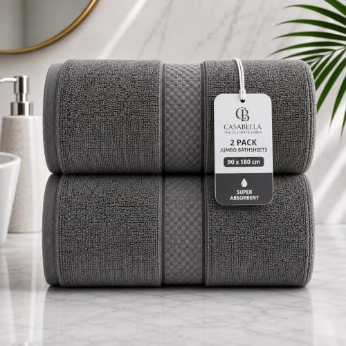 Casabella CB 2 Piece Jumbo Bath sheets 100% Combed Cotton Extra Large Bath Towel bale set super Absorbent Soft Grey 2 Pack 90X180 CM Bath sheets Extra Large Bathroom Set Beach Towel