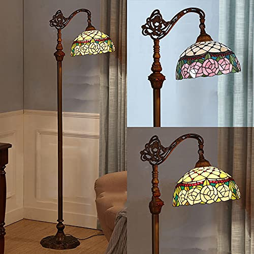 MOLOURK Wohnzimmer Stehlampe Vintage Schlafzimmer Stehleuchte Mit Fußschalter Handbuch Rose Glasmalerei Leselampe Retro Bar coffe Standleuchte Ø30cm verstellbar Lampenschirm H 165CM E27 MAX40W …