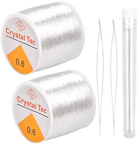 KYSUN 2 Stücke 100m Elastisch Schmuckfaden Schnur, Kristall Elastische Schnur, Kristall Perlenschnur, Durchsichtig Gummifaden mit 2 Stück Perlen Nadel für Armbänder Schmuck Basteln, 0.6mm