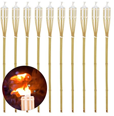 Relaxdays Gartenfackel Antorchas Exterior Set 10, Faroles Bambú, 90 x 6 cm, Lámparas Aceite Recargables, Mechas de Recambio, Natural, Hierro