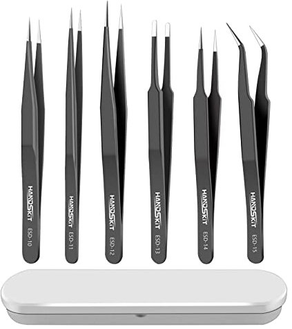 HANDSKIT Precision Tweezers Set, Anti-Static Stainless Steel Tweezers for Electronics, Soldering, Jewelry, Craft, and Eyelash Extensions, False Lash Application Tools
