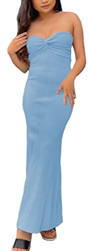 Sdencin Donne Y2K Sexy Twist Knot Anteriore A Costine Maglia Aderente Bandeau Tubo Vestito Casual Solido Senza Spalline Maxi Abito Lungo, Blu, M