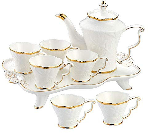 Service à thé et Tasses à café 8 pièces Service à café et thé en Porcelaine émaillée avec 6 Tasses et Plateau à café Garniture dorée (Ensemble Blanc de 8)