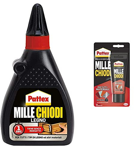 Pattex Millechiodi Legno, Colla trasparente con presa a ventosa e non servono morsetti & Mille Chiodi Extreme, forte adesivo di montaggio, colla forte per interni e esterni