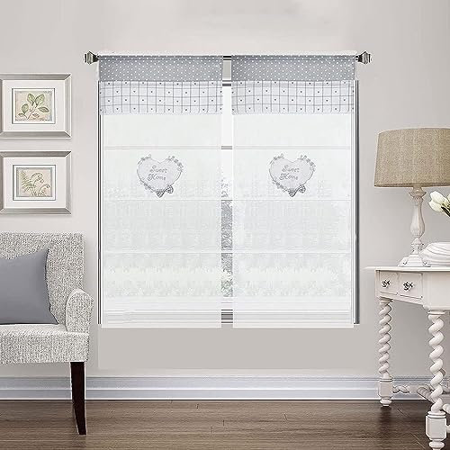 Generico Coppia Tendine Finestra Shabby Chic Cuore in Tessuto Ricamata Sweet Home, Tenda 60x240cm 3D Fiocco Grigio Bianco