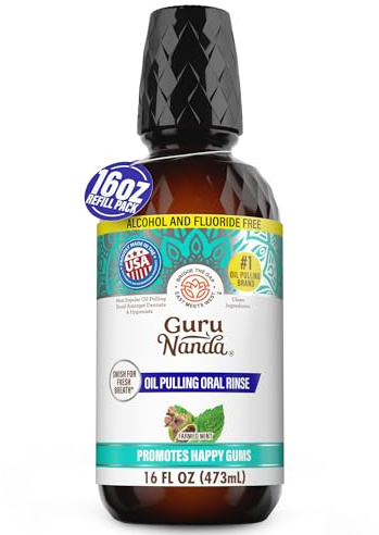 GuruNanda CocoMint Oil Pulling Mouthwash for Complete Oral Hygiene, 7 Essential Oils & Vitamins for Happy Teeth & Gums & Fresh Breath, Alcohol-Free, (473ml)