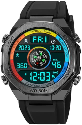 findtime Outdoor Uhr Herren Militär Armbanduhr Digital Uhr mit Schrittzähler Kalorienzähler wasserdichte Sportuhr für Männer Stoppuhr Wecker Coutdown Datum LED Tactical Watch, FSSKM22WY09BUNT