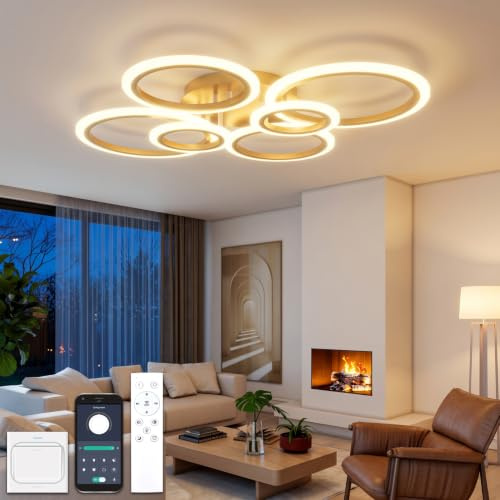 YOLEDY Deckenlampe Led mit Fernbedienung & APP, Decken Lampen mit 6 Ring, Dimmbar, Licht Memory Funktion mit Timer, Moderne Deckenleuchte Rund Wohnzimmer Flur Schlafzimmer, Gold