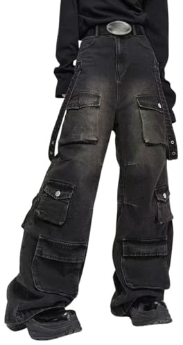 Hugboom Mens Baggy Cargo Jeans Wide Leg Y2K High Waist Grunge Pants Women