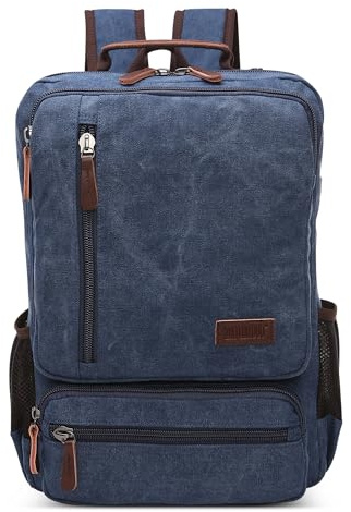 DORRISO Vintage mäns ryggsäck kanvas stor kapacitet reseryggsäck flera fickor 17,3 tum laptop skolväska för män vandring casual business camping dagryggsäckar canvas dagryggsäck, blå, L