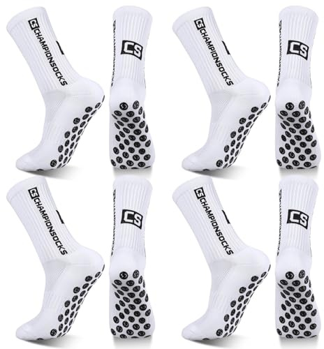Halinuia 4 Paires Chaussettes Antidérapantes Foot, Chaussettes Sport Homme Blanche, Grip Socks pour Football Basketball Cyclisme Basket Handball Rugby Yoga Trekking, EU 39-44