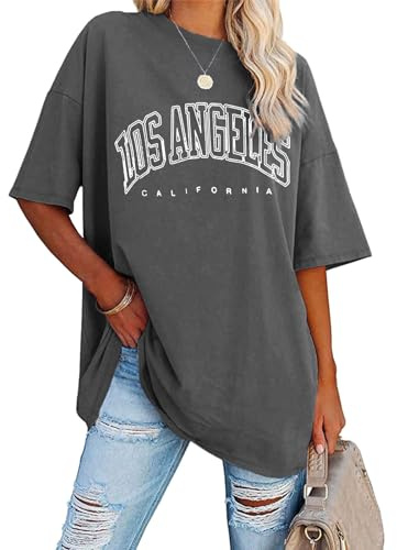 Oversize T Shirt Damen Vintage Kurzärmeliges Rundhals Los Angeles Oberteile Tops Casual Lockere Basic Sommer Tee Shirts Bluse