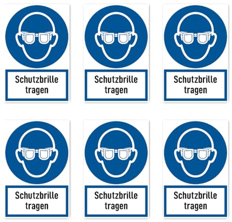 Aufkleber: 75x50 mm, 6 Stück - Schutzbrille tragen - Gebotszeichen mit Text (deutsch) (blau/weiß) - hochkant - M004 - DIN EN ISO 7010 / ASR A1.3