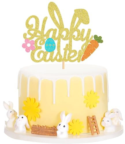 Blumomon 1Pcs Gold Glitter Happy Easter Rabbit Cake Topper for Easter Party Cake Decorations